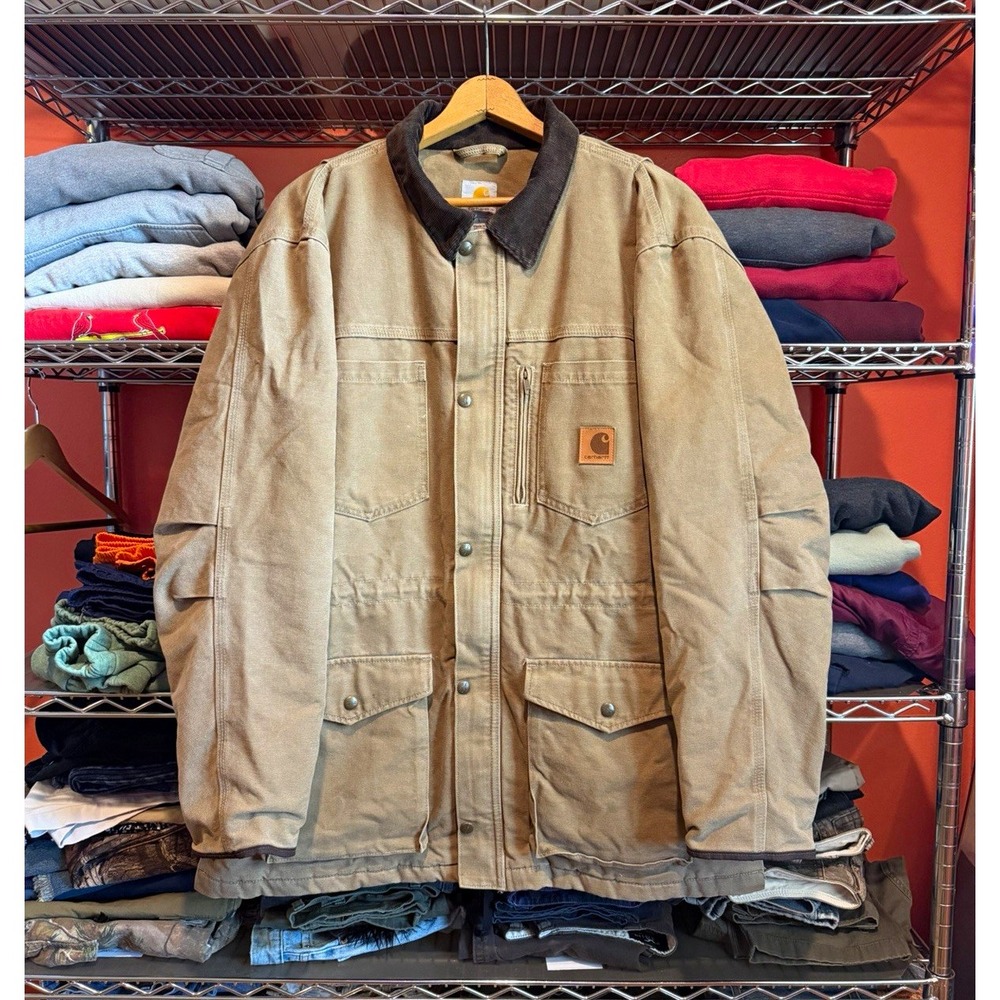 Carhartt Brown Canvas Work Jacket Coat Full Zip Snap Quilted Mens Large Vintage